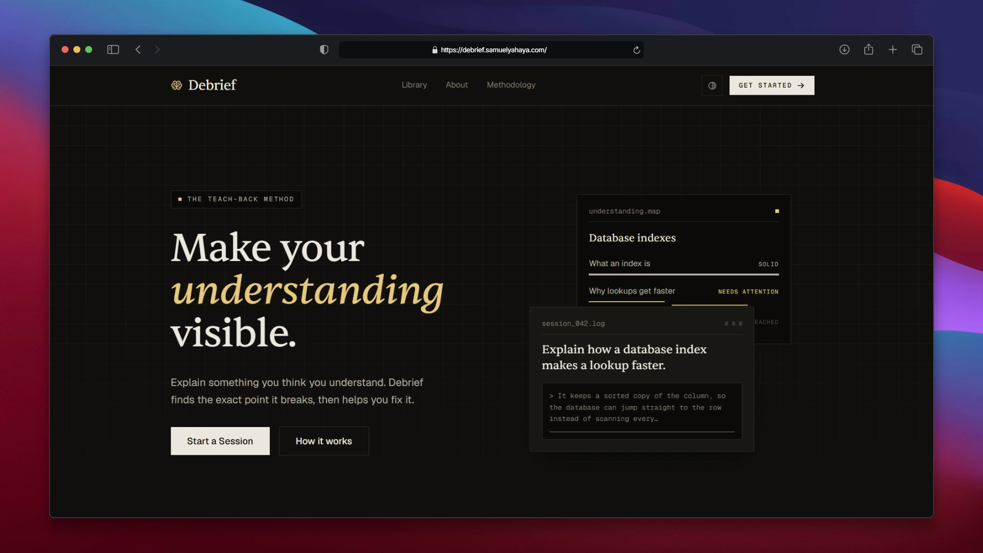 Debrief home page introducing the guided teach-back learning tool