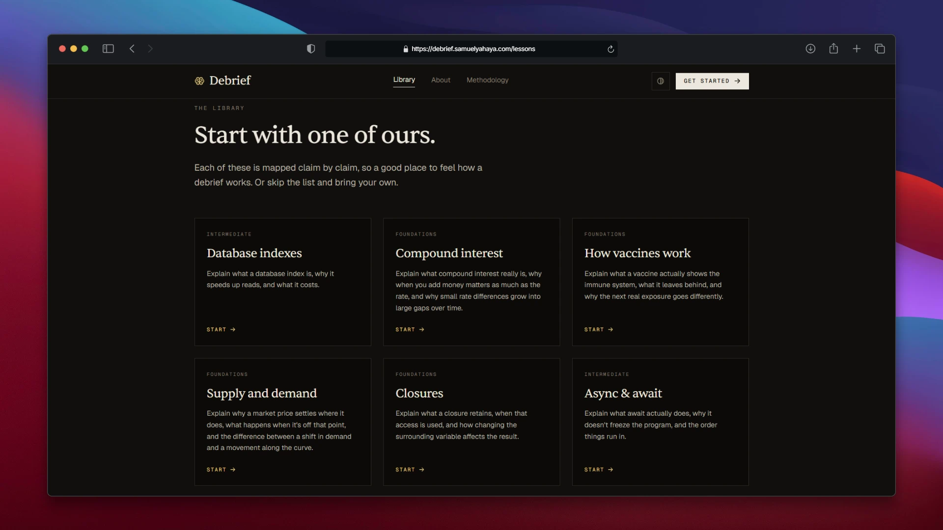 Debrief lesson library with six guided learning topics