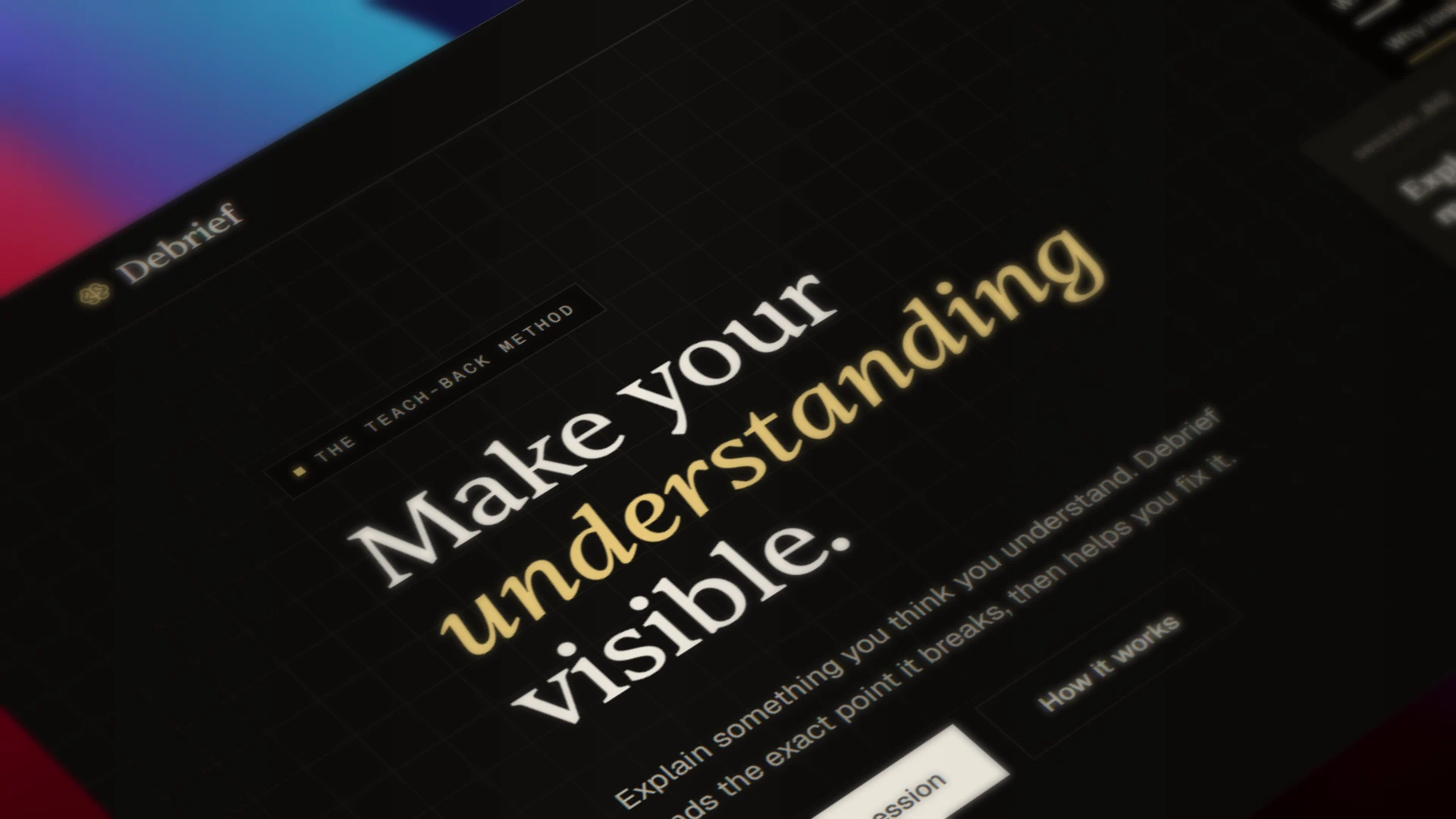 Angled view of the Debrief landing page and lesson interface