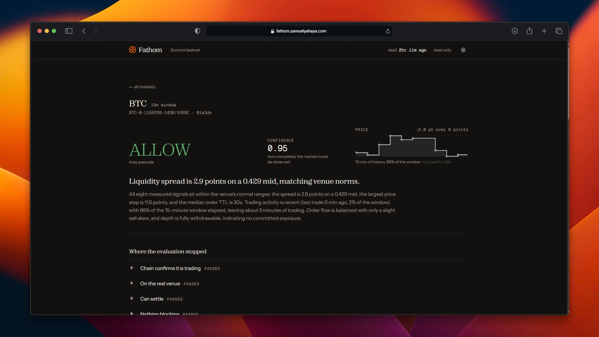 Fathom BTC contract analysis with an Allow verdict and decision trace