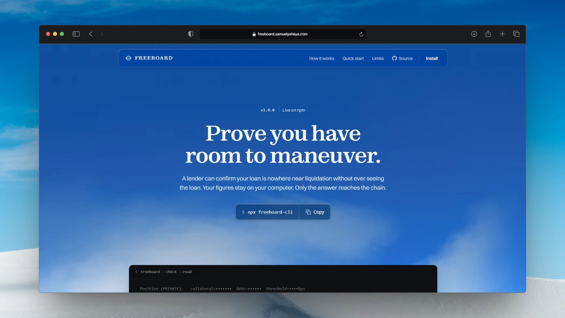 Freeboard home page explaining private DeFi solvency proofs