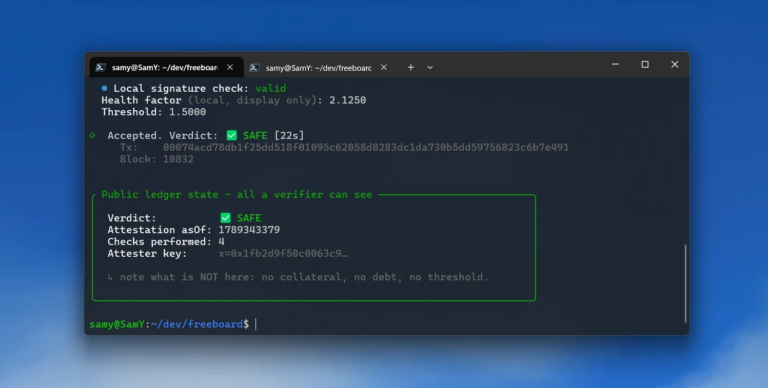 Freeboard terminal showing a safe verdict and public ledger state